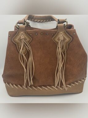 Justin Boots Western Chestnut Conceal Carry Tote Bag Satchel Whipstitch Fringe